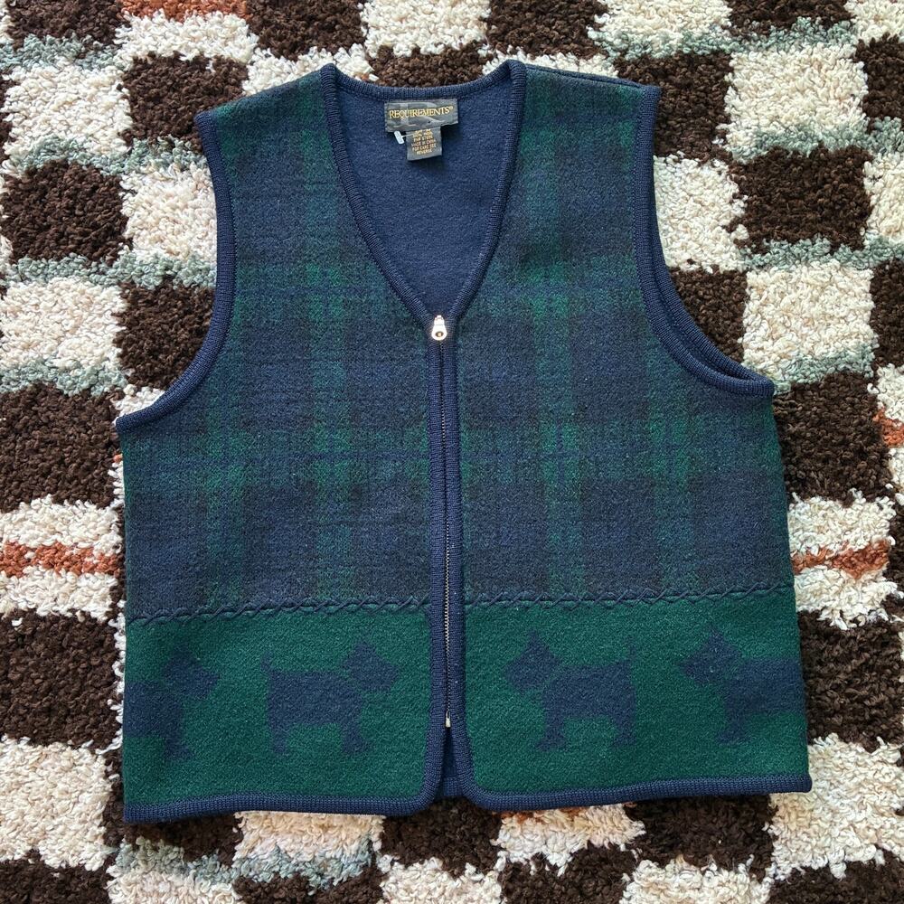 Vintage Requirements Plaid Navy Green Scottie Dog 100% Wool Zip Vest Size M